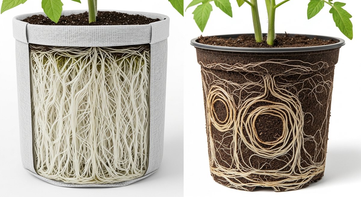 Side-by-side root comparison showing air-pruned roots in a fabric grow bag versus circling roots in a rigid plastic pot