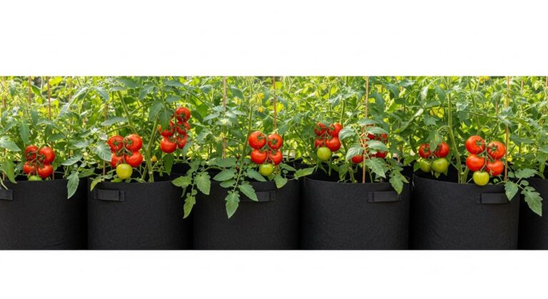 Ripe tomato plants growing in dark fabric grow bags on a sunny patio, bags filled to the brim with lush green foliage