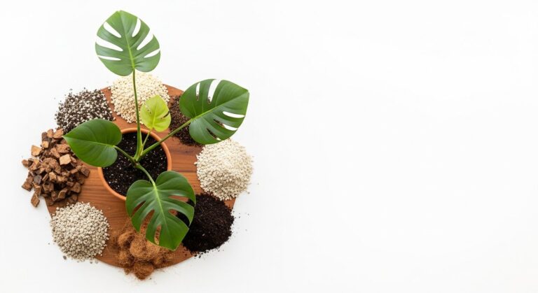 Monstera deliciosa in terracotta pot surrounded by aroid mix ingredients: bark, perlite, and coco coir on wood