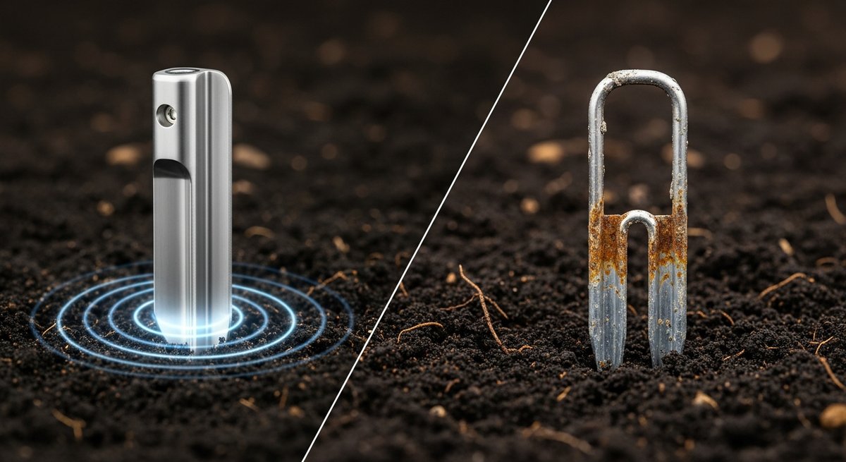 Macro comparison of a clean capacitance probe versus a corroded resistive probe in moist soil