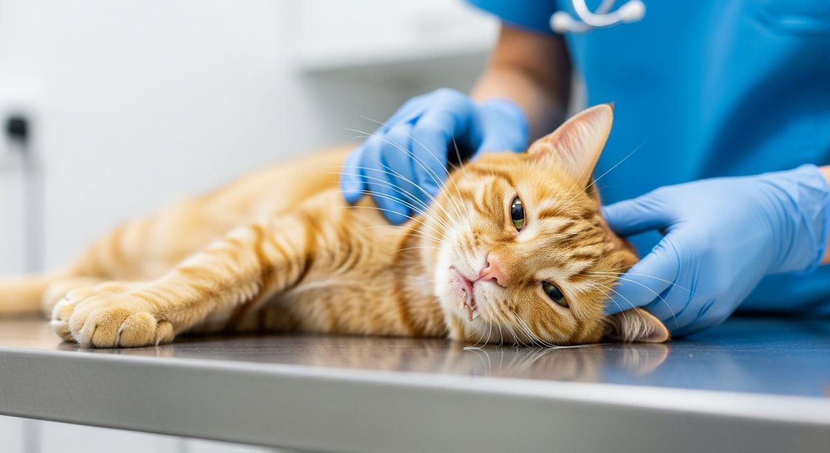 Lethargic ginger cat with drool on a vet examination table being assessed by a gloved veterinary nurse