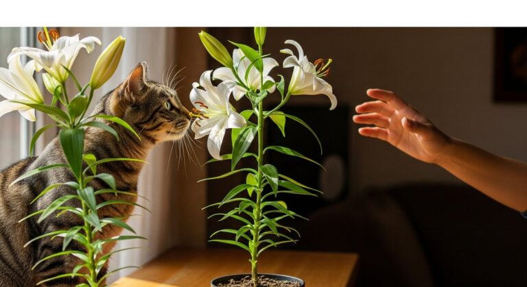 Tabby cat sniffing a potted white lily on a windowsill while an owner reaches out to intervene