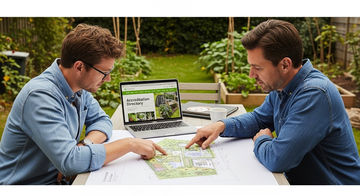 Homeowner and accredited kitchen garden designer reviewing a printed design plan together at an outdoor garden table