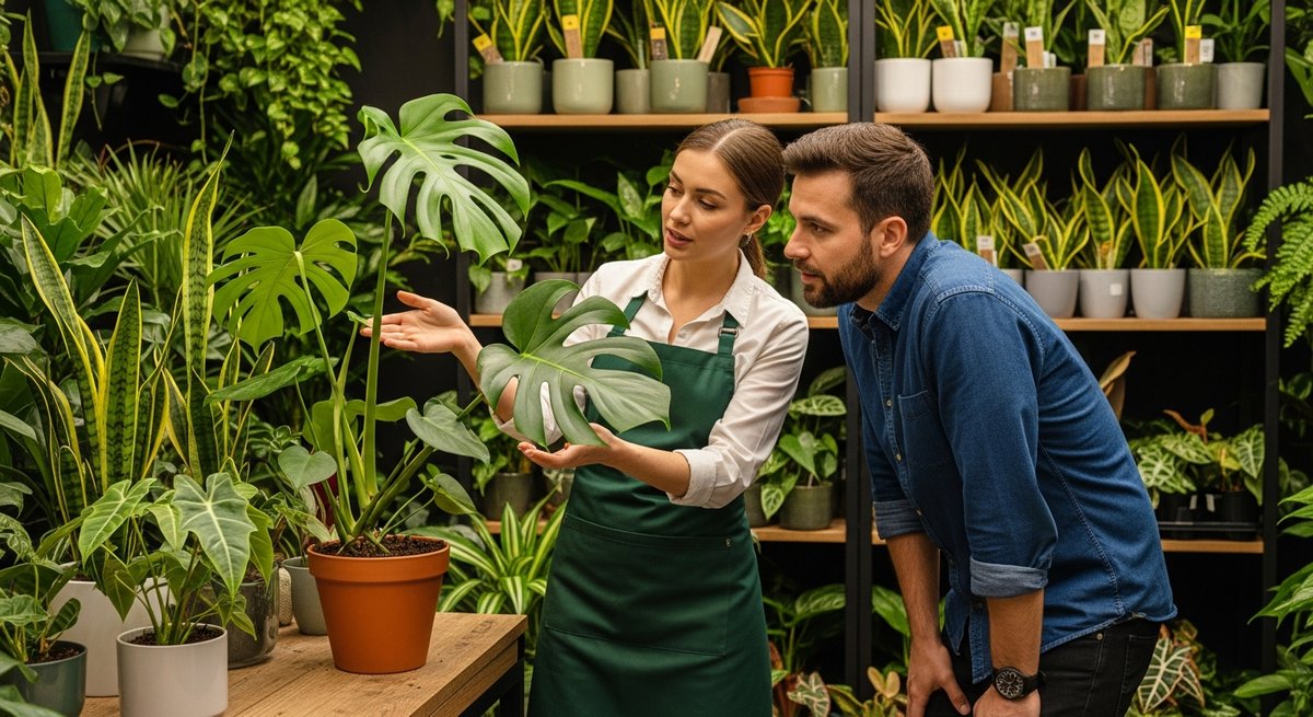 Customer asking a plant shop employee questions about a Monstera plant before purchasing