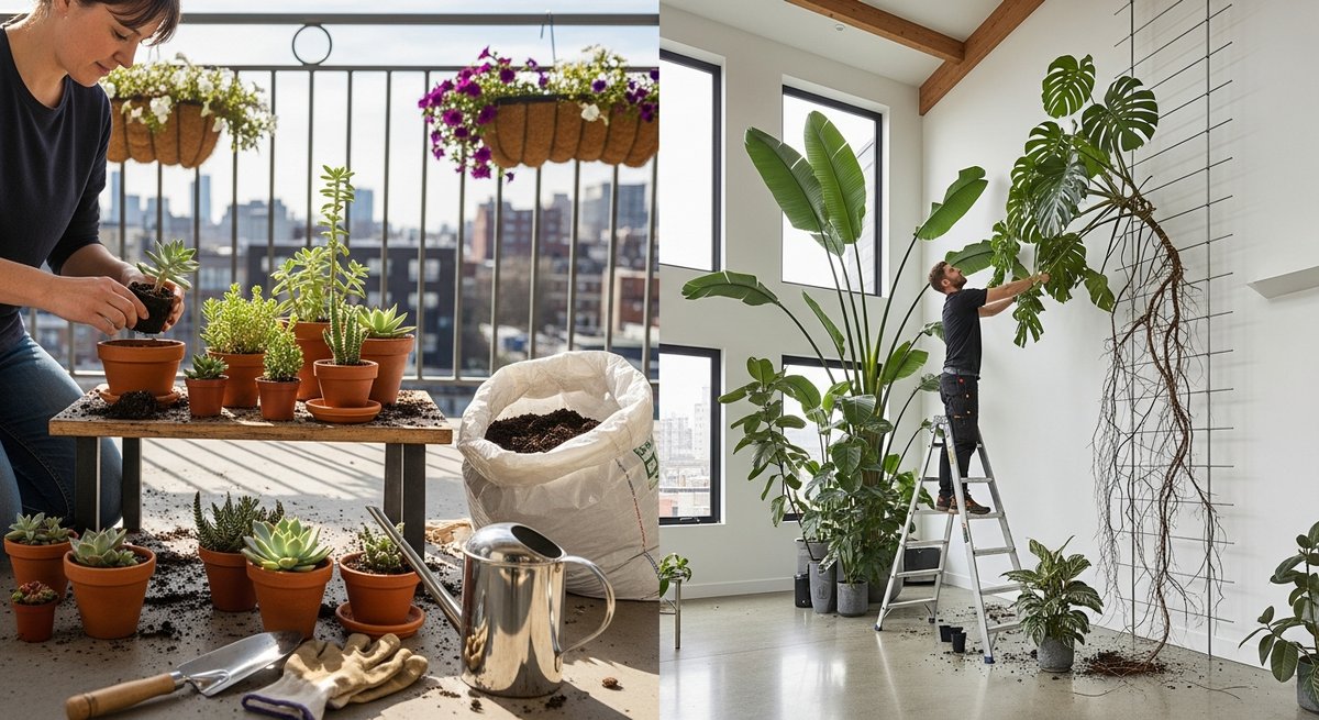 DIY plant care on a balcony contrasted with a professional plant stylist installing specimen plants in a luxury interior