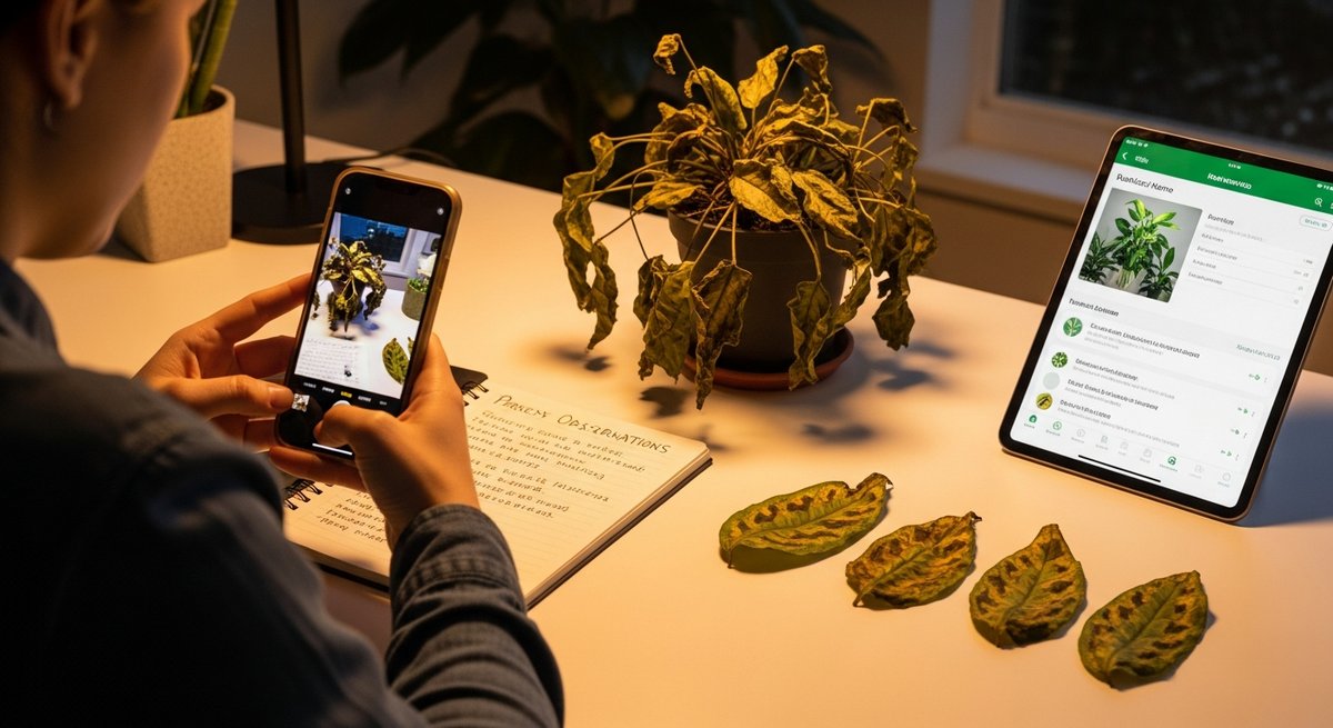 Person photographing a diseased houseplant with a smartphone beside a notepad and tablet showing a plant ID app
