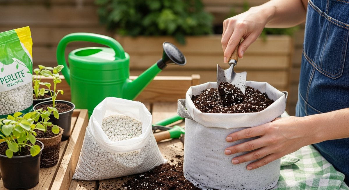 Gardener filling a fabric grow bag with peat-free compost and perlite mix on a potting bench with tomato seedlings ready to p
