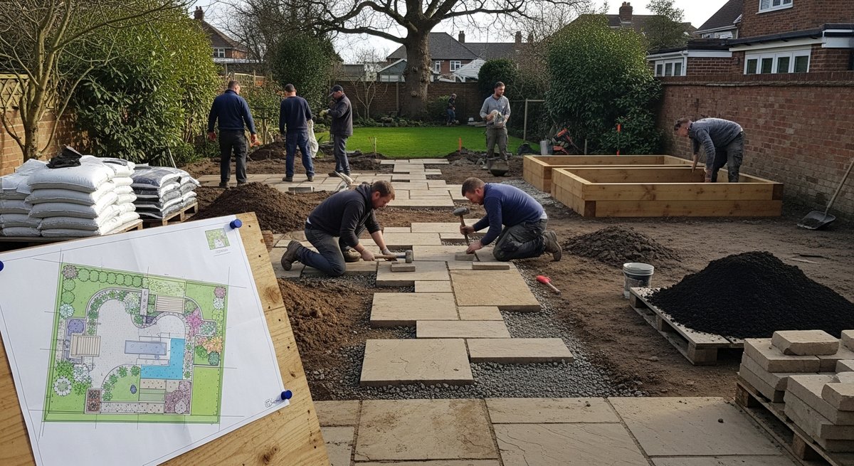 Landscaping contractors building raised beds and laying stone paving showing the gap between design fees and total build cost