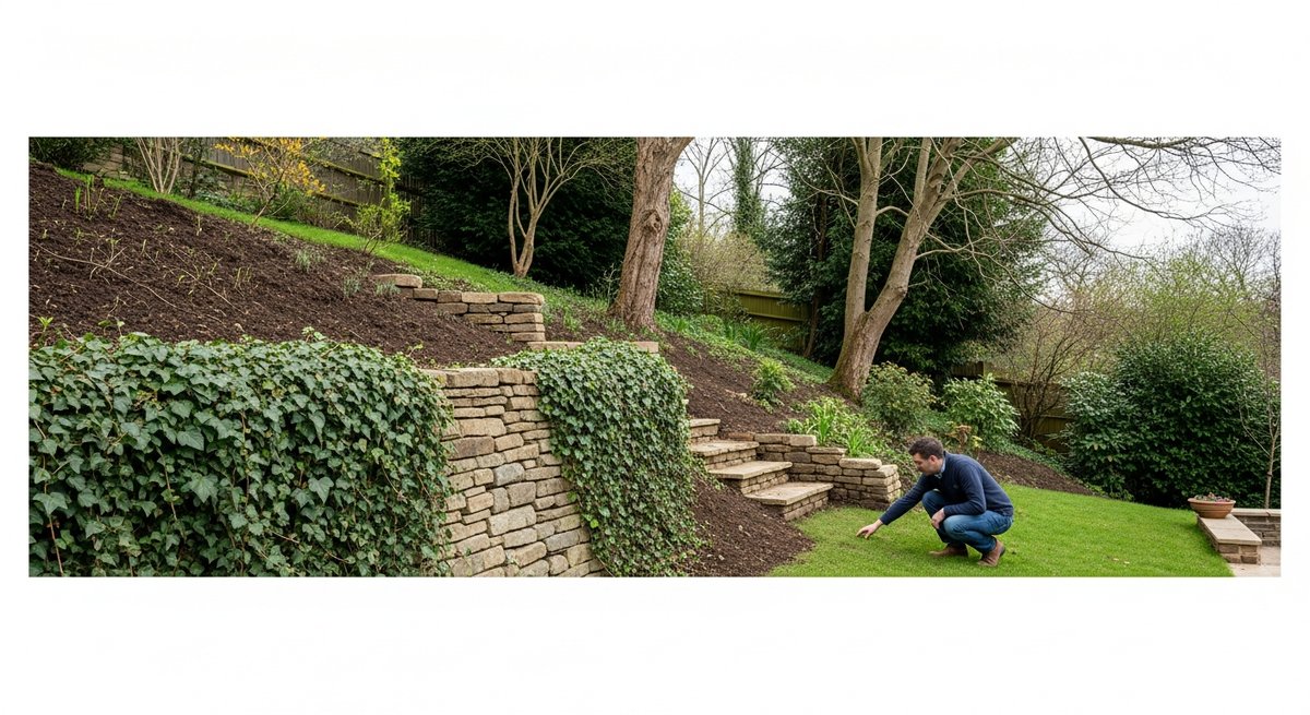 Steep sloping garden with stone retaining wall and drainage challenges illustrating factors that drive up design costs