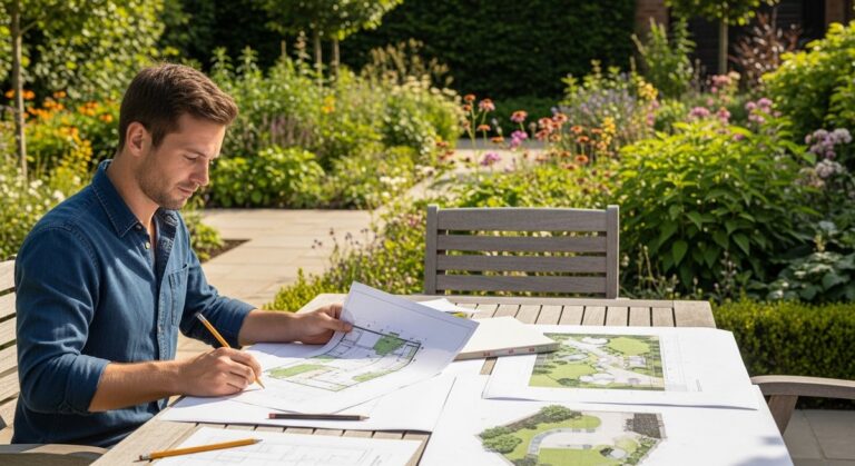 Garden designer reviewing landscape plans on an outdoor table surrounded by planted borders and stone paving