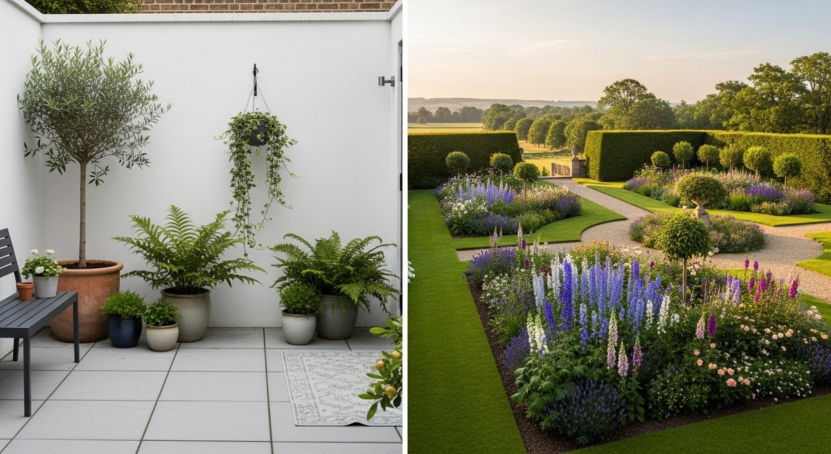Small urban courtyard garden beside a large formal country garden illustrating different project types and design costs