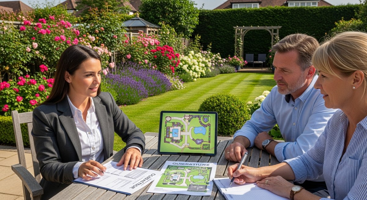Garden designer presenting fee structure and quote documents to homeowners during an outdoor consultation meeting