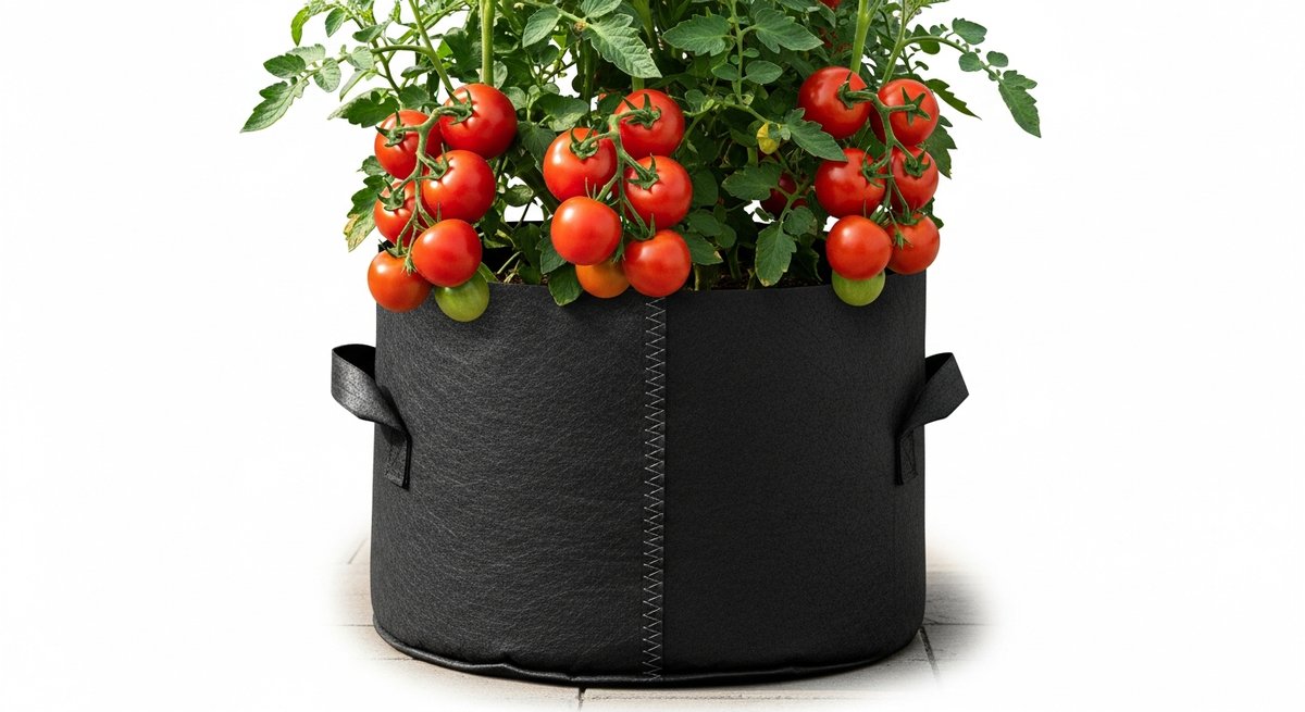 Heavy-duty fabric planter with a productive cordon tomato plant bearing ripe red tomato clusters on a sunny garden patio