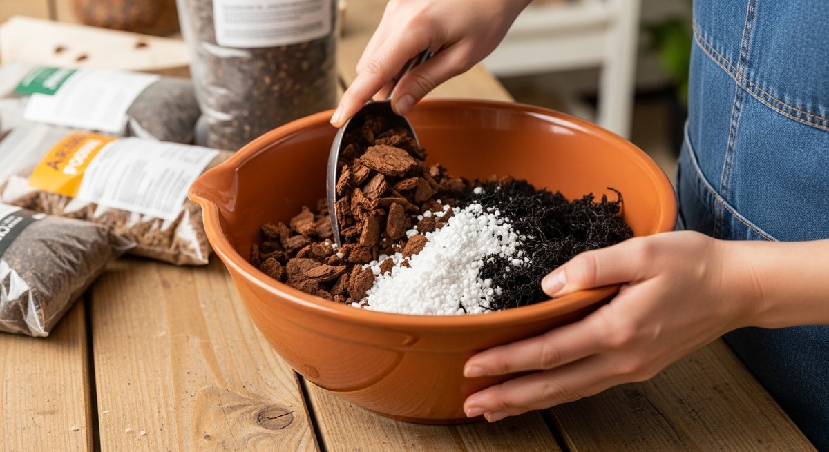 Hands blending chunky aroid mix with bark, perlite and coco coir in a bowl on a potting bench
