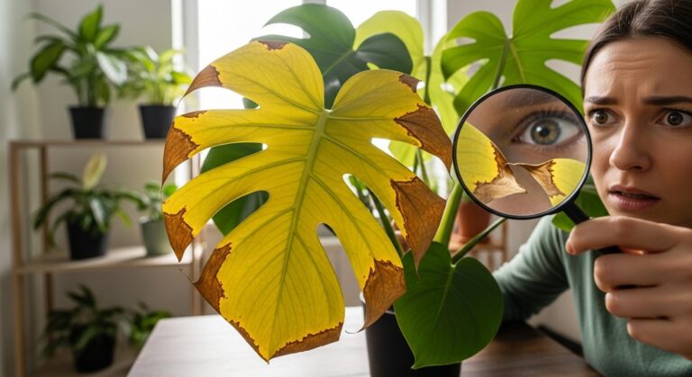 Person using a magnifying glass to inspect yellowing Monstera deliciosa leaves on a wooden table indoors