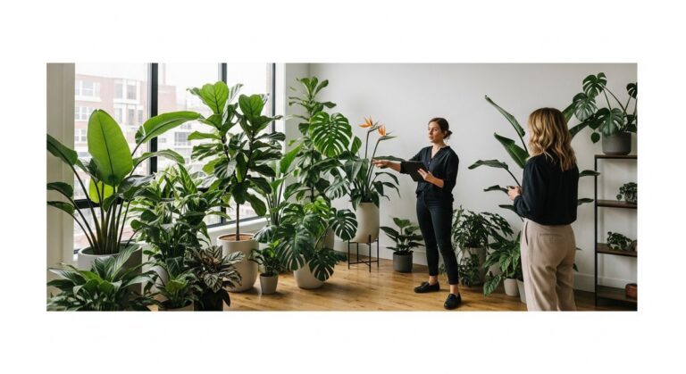 Professional plant stylist arranging tropical houseplants in a bright modern living room alongside a client