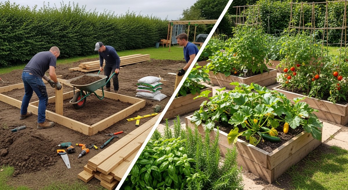 Before-and-after comparison of a kitchen garden build: construction phase with raised beds being built versus finished produc