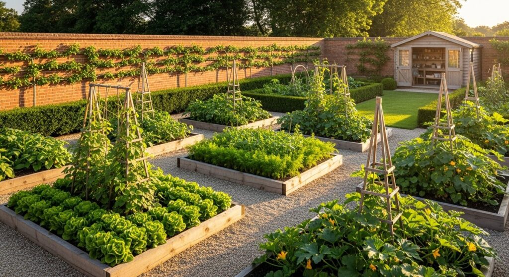 Formal kitchen garden with raised timber beds, vegetable crops, gravel paths, and espalier fruit trees at golden hour