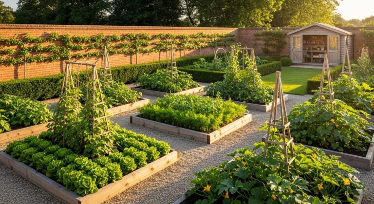 Formal kitchen garden with raised timber beds, vegetable crops, gravel paths, and espalier fruit trees at golden hour
