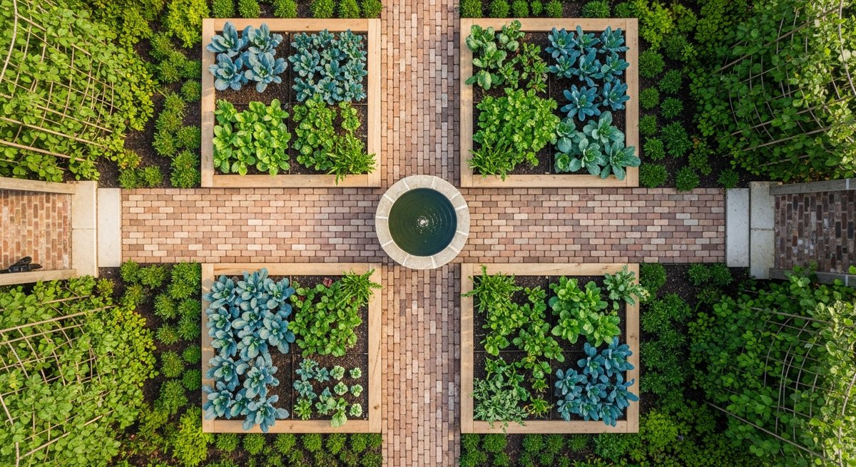 Overhead view of a four-bed potager kitchen garden layout with symmetrical raised beds, central water feature, and wheelbarro