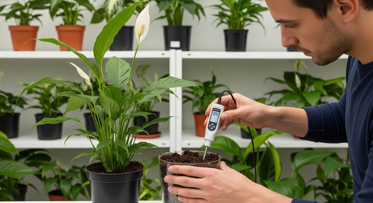 Person inserting a digital probe moisture meter into a houseplant pot during systematic soil testing