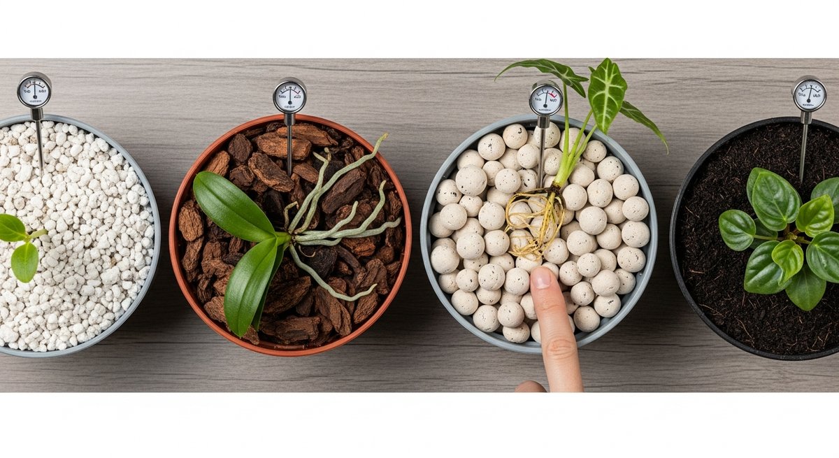 Four pots with different substrates — perlite, orchid bark, LECA, and peat — each tested for moisture