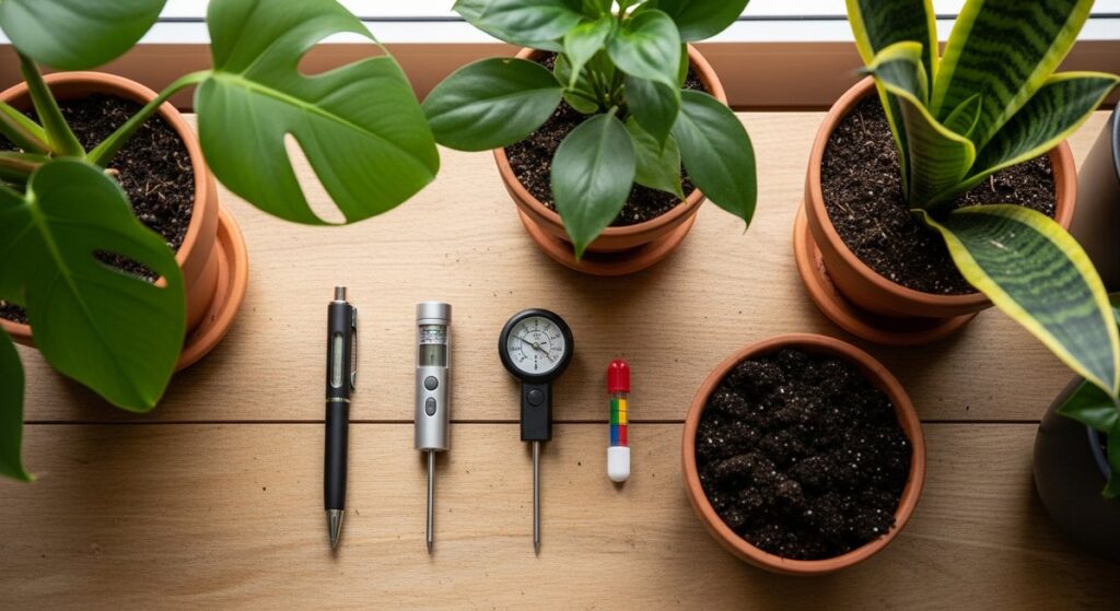 Assorted soil moisture meters arranged beside houseplants and potting compost on a wooden bench