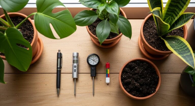 Assorted soil moisture meters arranged beside houseplants and potting compost on a wooden bench