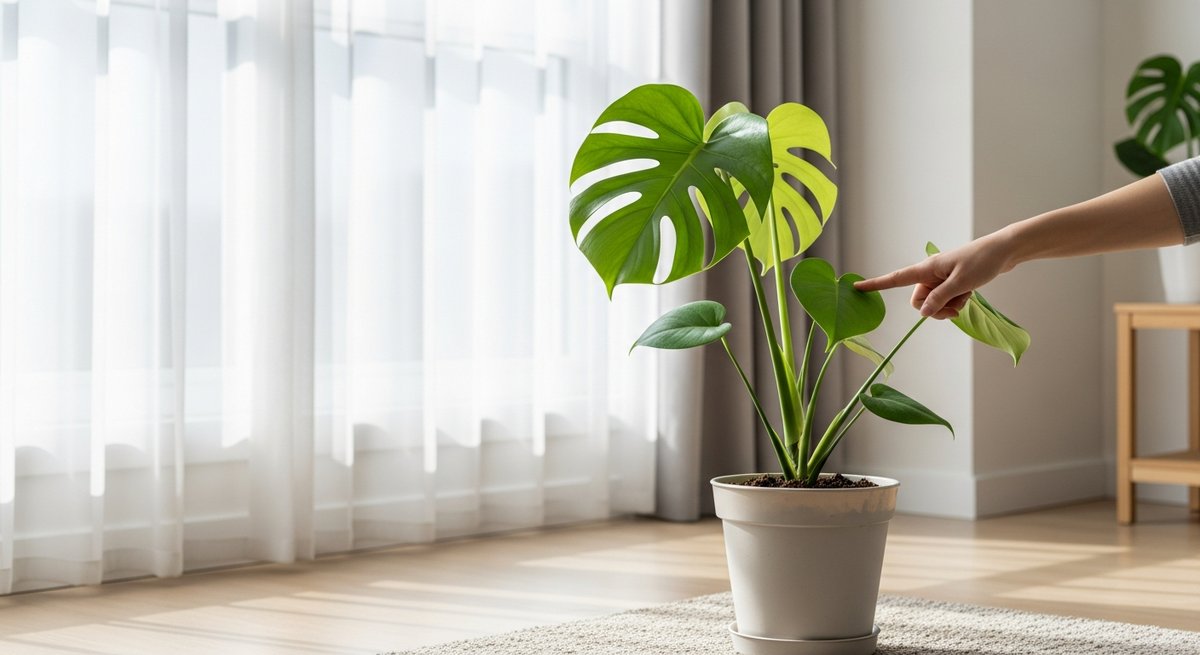 Newly purchased Monstera plant in a nursery pot near a bright window, with a finger checking soil moisture