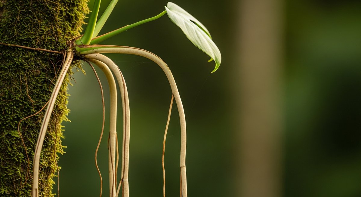 Monstera aerial roots clinging to a moss-covered tree trunk in a tropical jungle setting