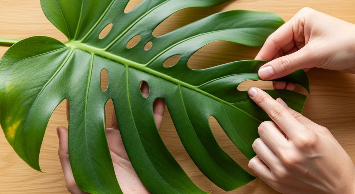 Hands closely inspecting a Monstera leaf for yellowing and brown edges during a visual health check