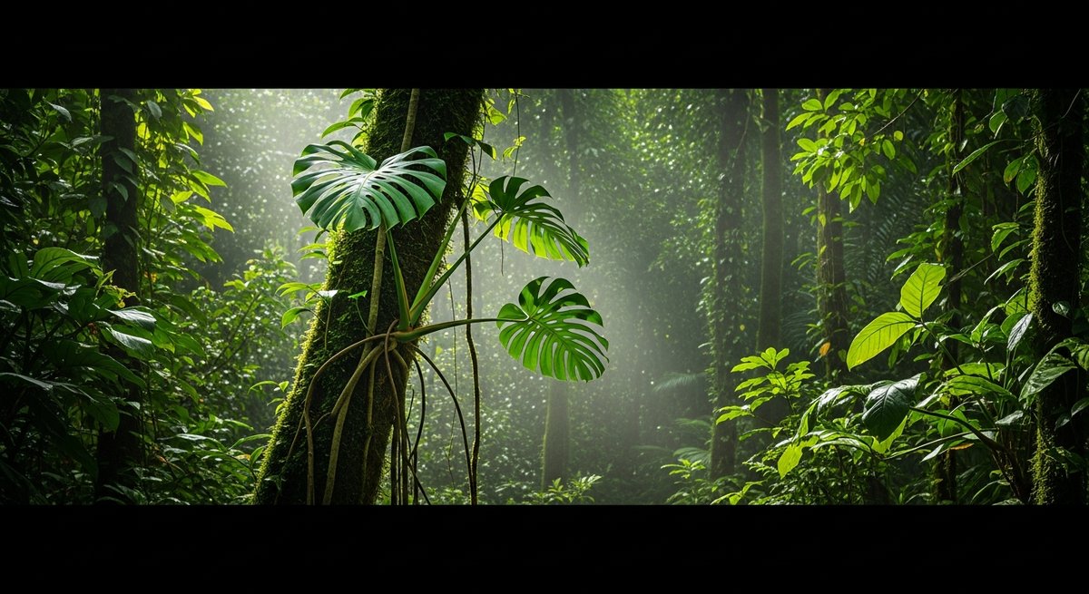 Monstera deliciosa growing as a natural understorey climber in a lush tropical rainforest