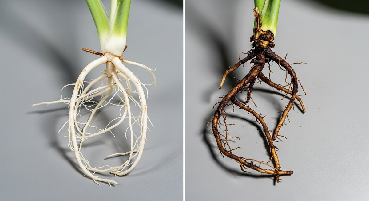 Side-by-side comparison of healthy white Monstera roots versus dark mushy root rot affected roots