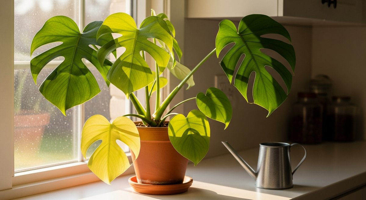 Monstera deliciosa with yellowing lower leaves in a terracotta pot on a sunny kitchen windowsill beside a watering can