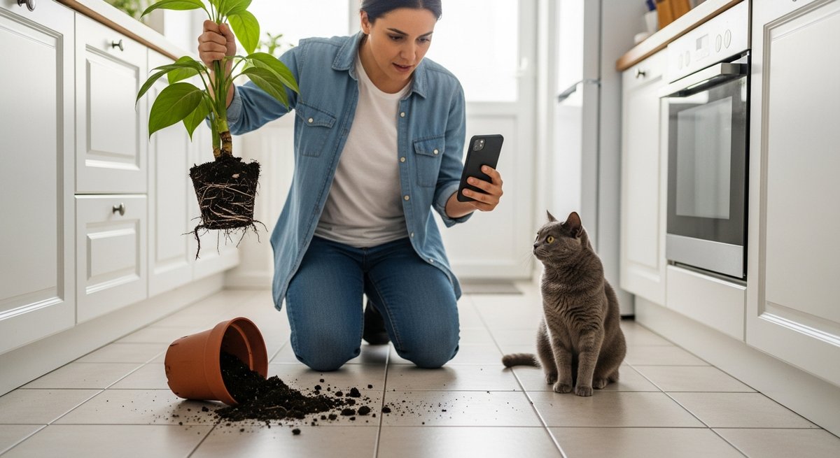 Owner kneeling beside a cat, photographing an overturned houseplant with a smartphone as an immediate response step