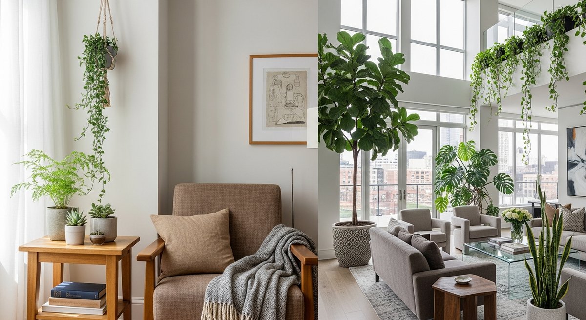 Side-by-side comparison of budget and premium indoor plant styling tiers in two contrasting home interiors
