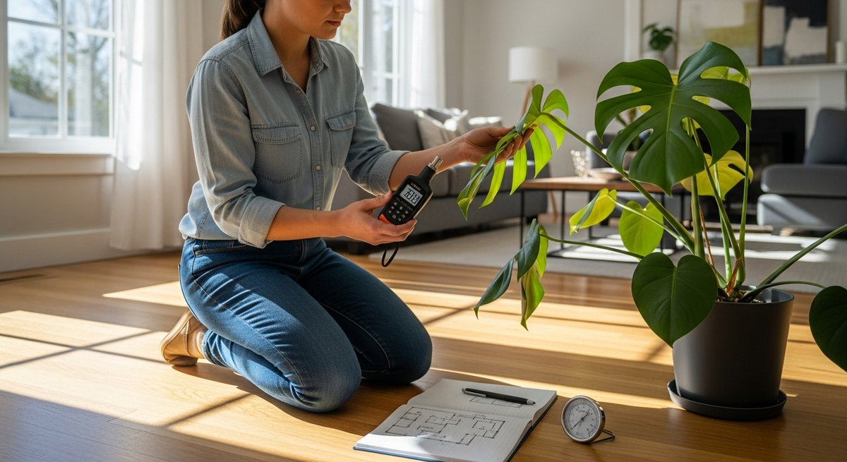 Plant consultant measuring light levels with a lux meter beside a monstera in a sunlit home interior