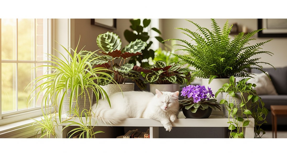 White cat resting peacefully among safe houseplants including spider plant, Boston fern, calathea, and African violet