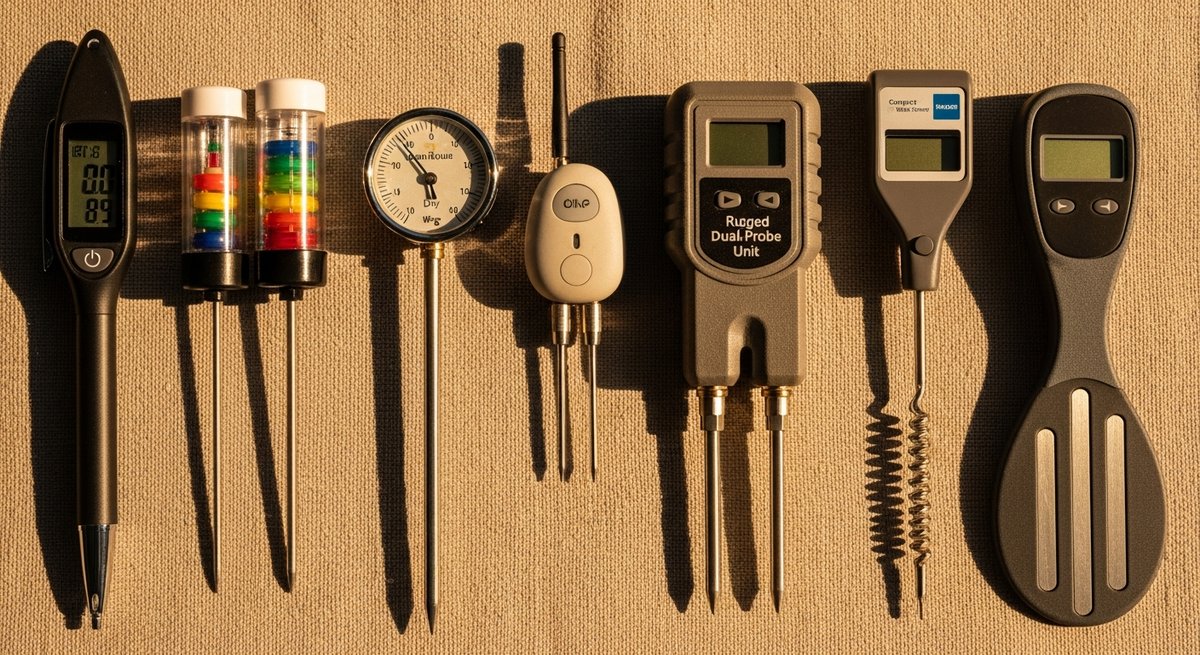 Seven different soil moisture meters arranged side by side on linen cloth for comparison review