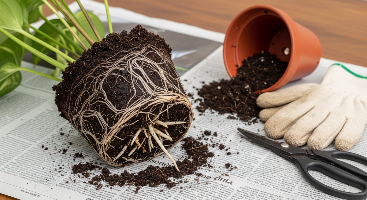 Severely root-rotted plant ball with dark brown mushy roots on newspaper beside pruning scissors and gardening gloves