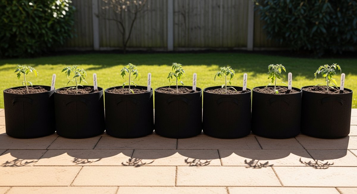 Seven fabric grow bags in a row on a patio each planted with a young tomato seedling as part of a structured garden test