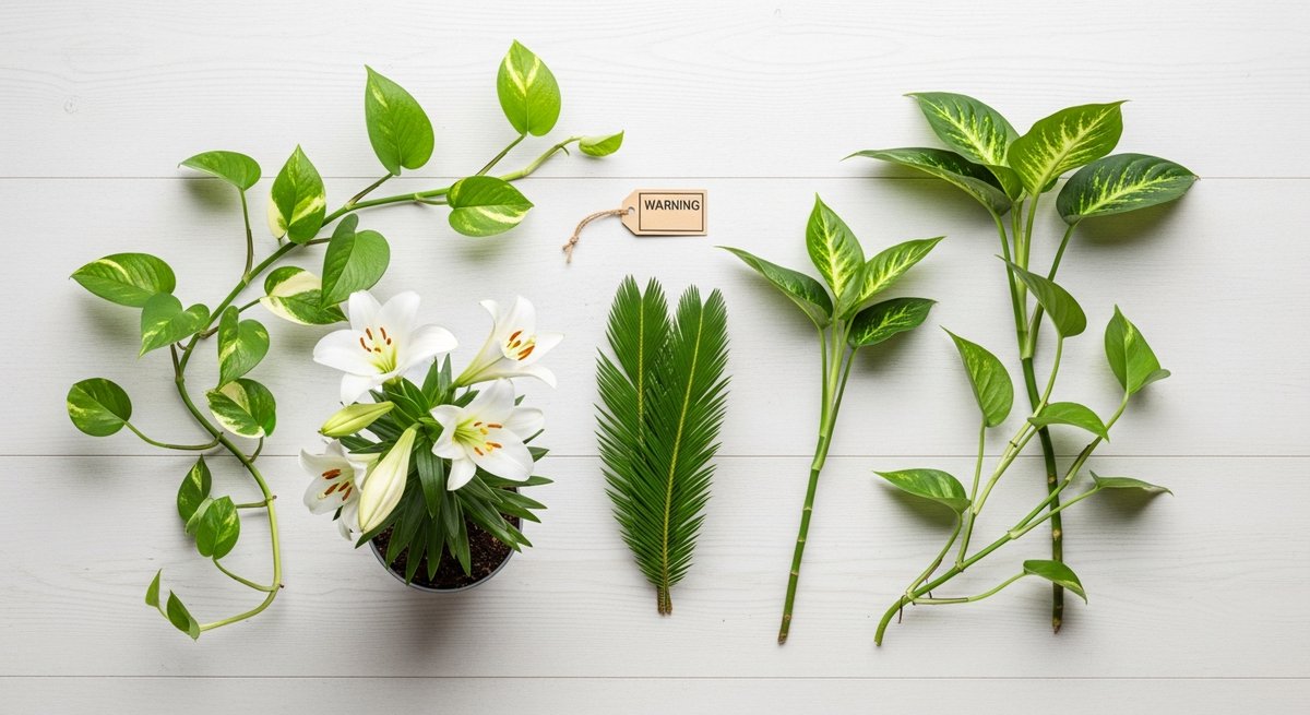 Flat-lay of toxic houseplants including Easter lily, pothos, sago palm, and dieffenbachia with a warning tag