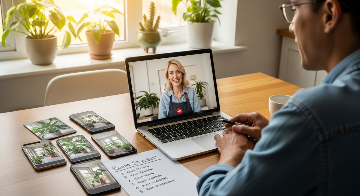 Homeowner on a video call with a plant consultant, reviewing room light photos during a virtual consultation