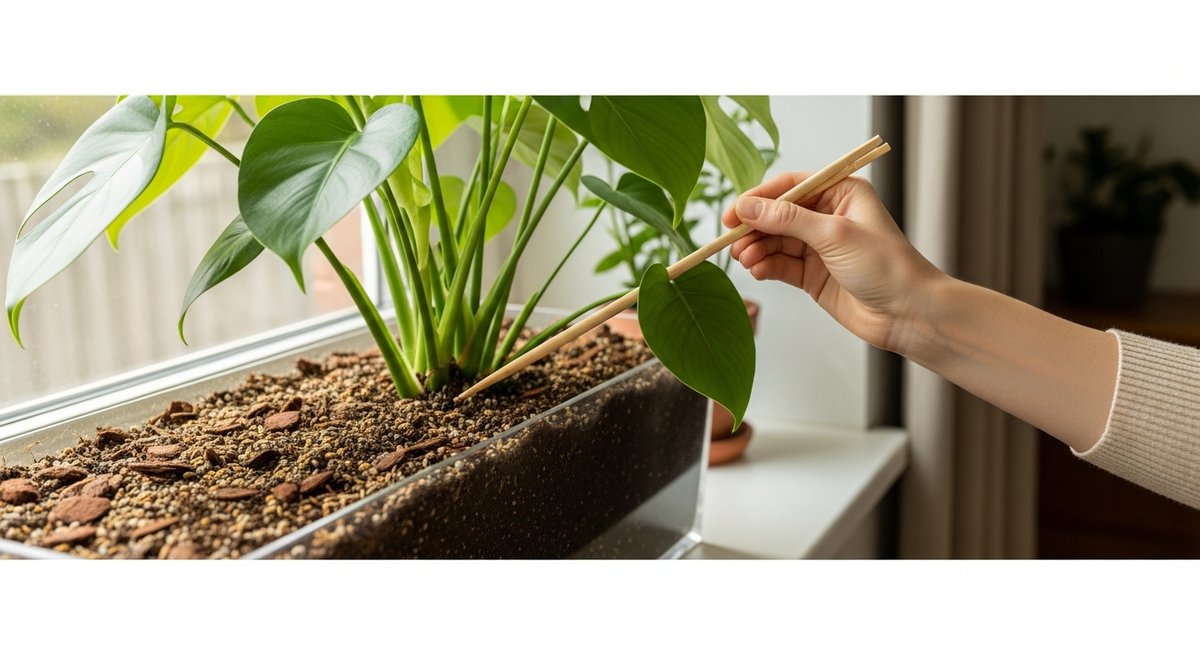 Person checking moisture level in Monstera aroid mix with a wooden probe on a bright windowsill