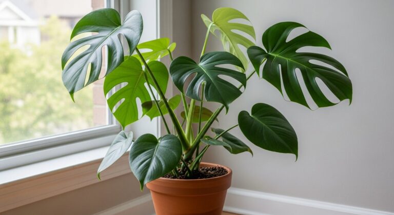 Large Monstera deliciosa with fenestrated leaves in a bright living room near a window in a terracotta pot