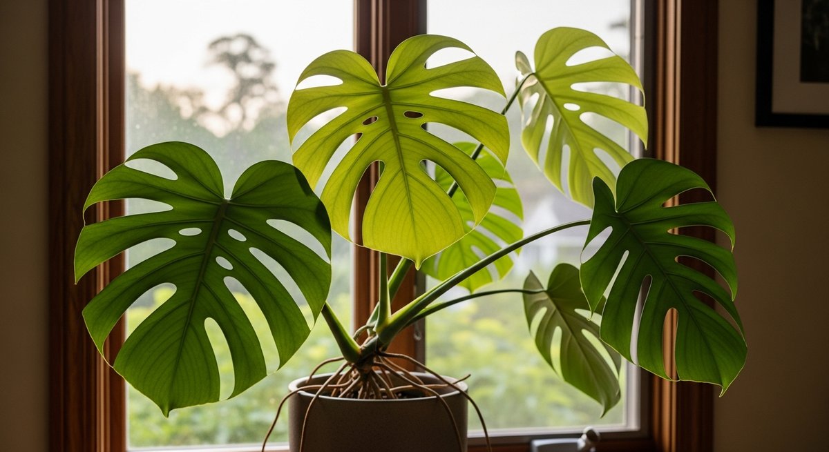 Monstera deliciosa plant positioned near a bright window receiving indirect natural light indoors