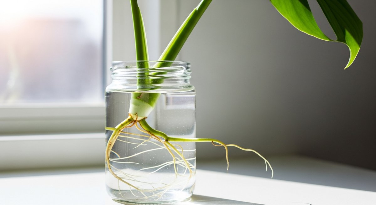 Monstera deliciosa stem cutting with node and aerial root propagating in a clear glass jar of water on a windowsill