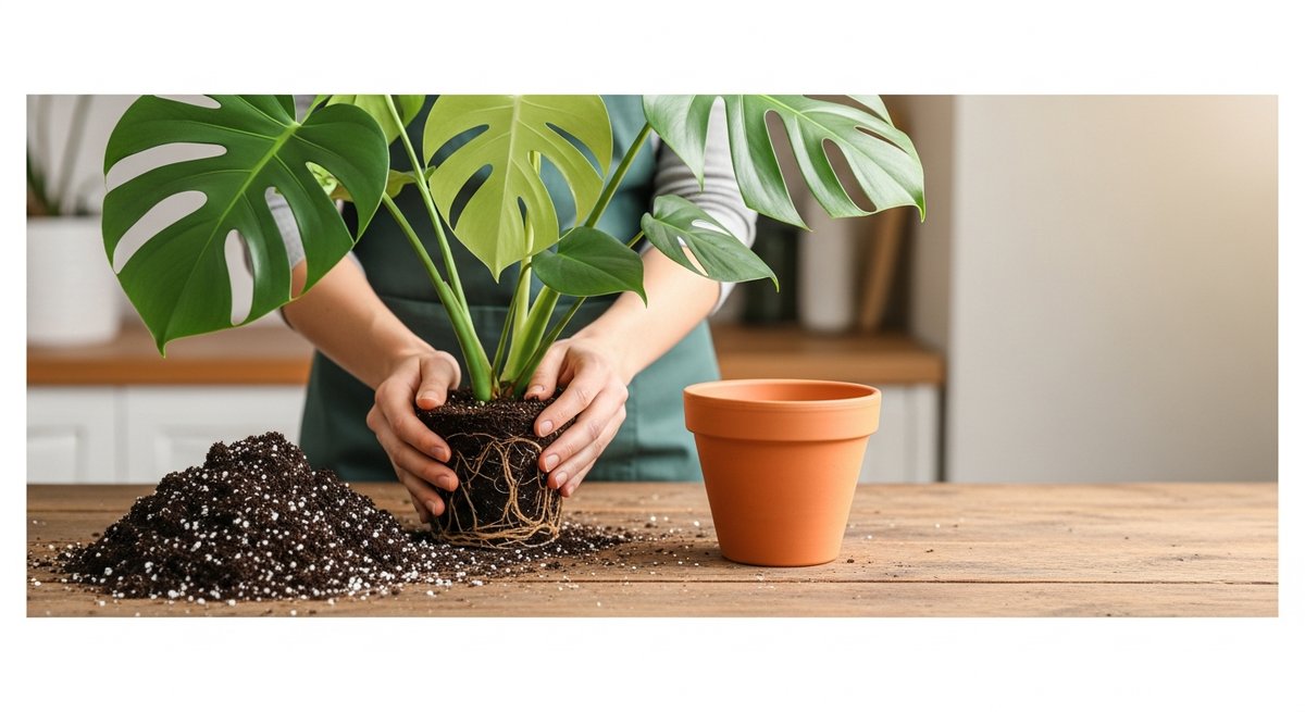 Monstera deliciosa being repotted into a larger terracotta pot with fresh perlite-mixed compost on a wooden table