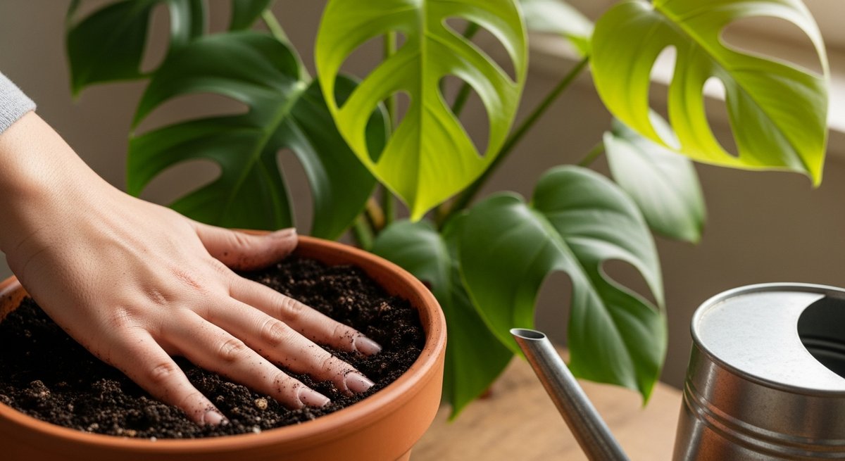 Hand checking soil moisture of a Monstera deliciosa before watering with a can nearby on a wooden surface