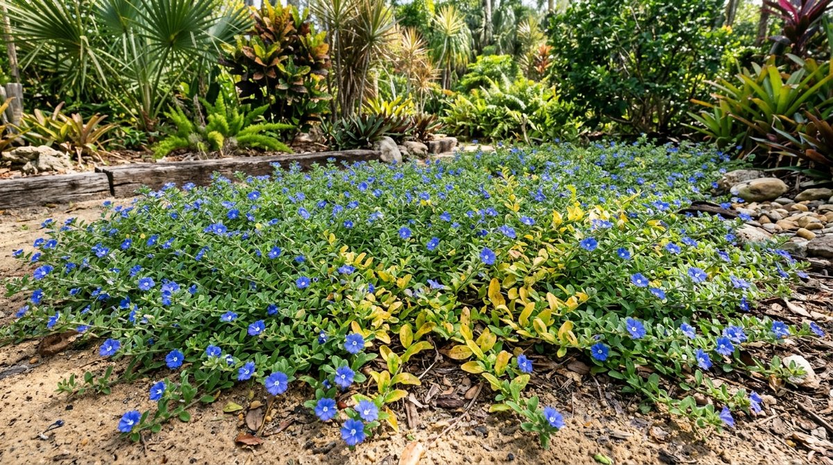 Blue My Mind Evolvulus ground cover in a Florida garden with blue flowers and a few yellowing leaves